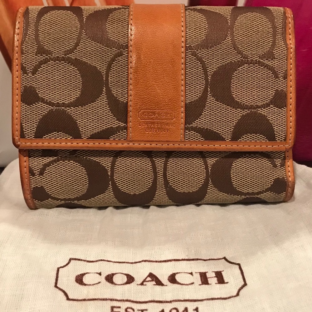 Coach Signature Canvas Trifold Wallet in Brown and Tan Leather